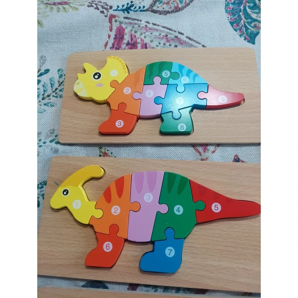 Set of 5 Wood Dinosaur Toddler Number Puzzles 3-5 Montessori Lead-Free Non-Toxic